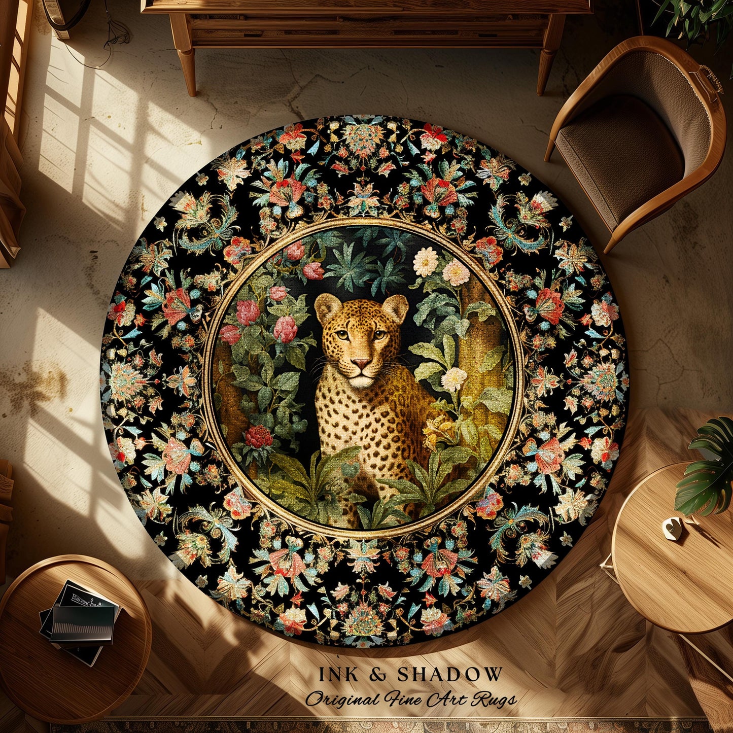 Whimsigoth Dark Floral Round Leopard Rug Dark Academia Decor | Maximalist Aesthetic Vintage Botanical Animal Lovers Cottagecore Jungle Decor