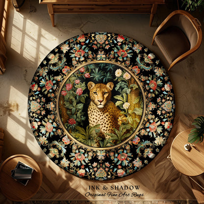 Whimsigoth Dark Floral Round Leopard Rug Dark Academia Decor | Maximalist Aesthetic Vintage Botanical Animal Lovers Cottagecore Jungle Decor