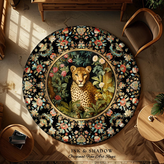 Whimsigoth Dark Floral Round Leopard Rug Dark Academia Decor | Maximalist Aesthetic Vintage Botanical Animal Lovers Cottagecore Jungle Decor