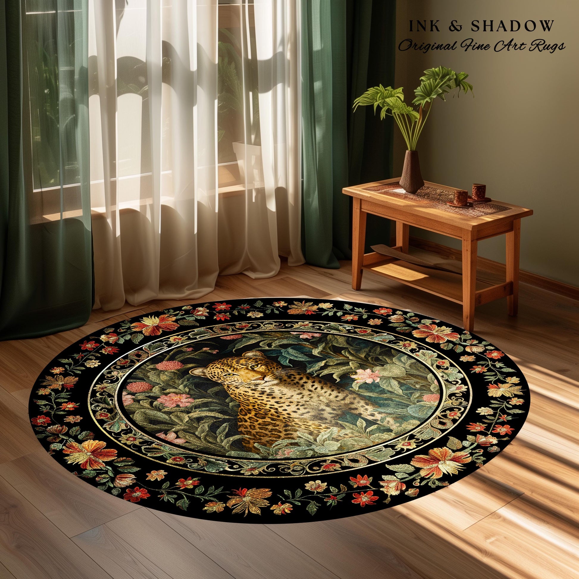Floral Forest Dark Cottagecore Round Leopard Rug | Nature Inspired Morris Style Fairycore Boho Jungle Wildlife Whimsical Botanical Art Decor