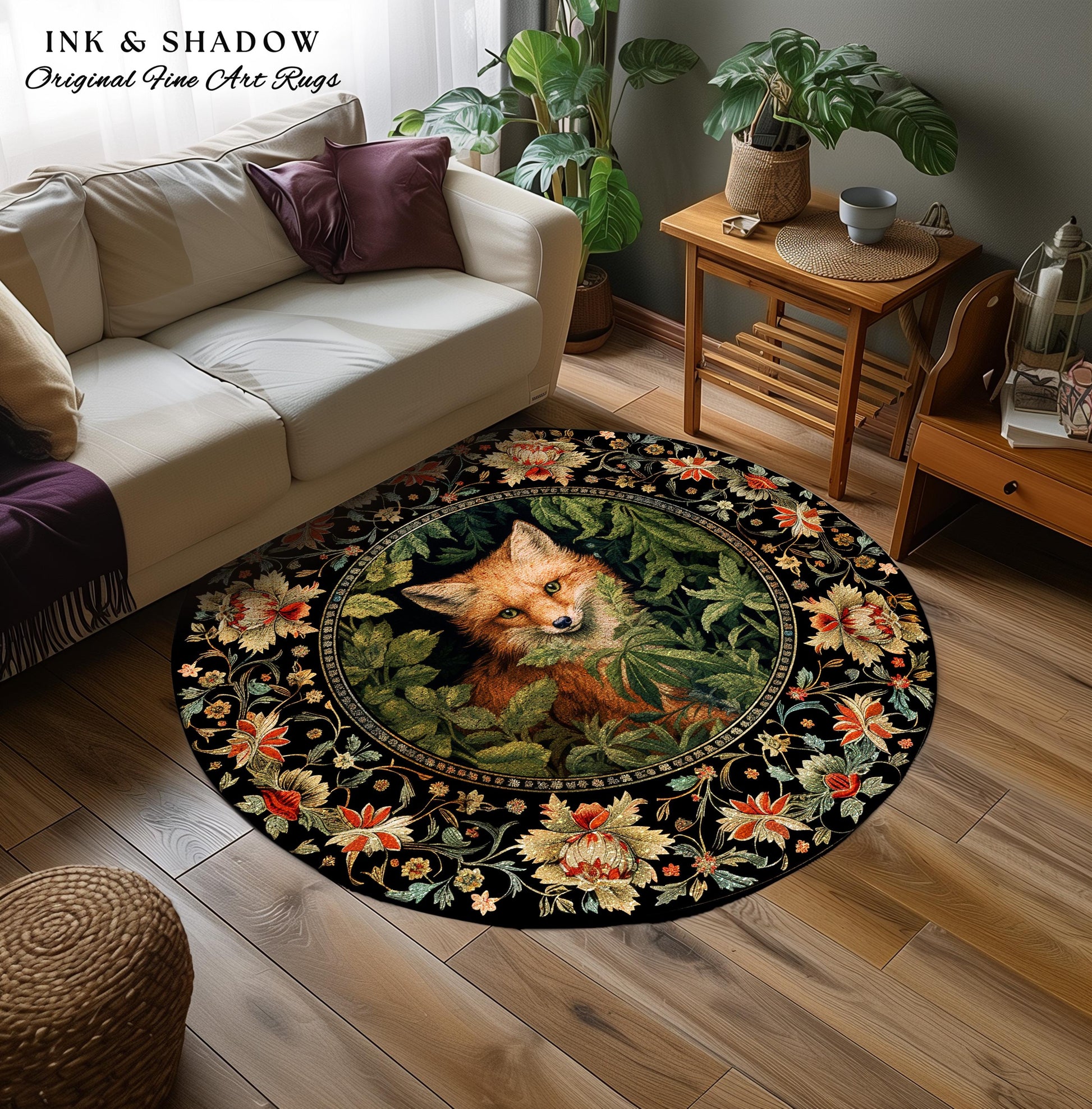 Dark Botanical Round Fox Rug Vintage Forest Aesthetic | Cottagecore Woodland Gothic Fox Art Decor Boho Fairycore Nature Lovers Floral Whimsy