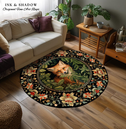 Dark Botanical Round Fox Rug Vintage Forest Aesthetic | Cottagecore Woodland Gothic Fox Art Decor Boho Fairycore Nature Lovers Floral Whimsy