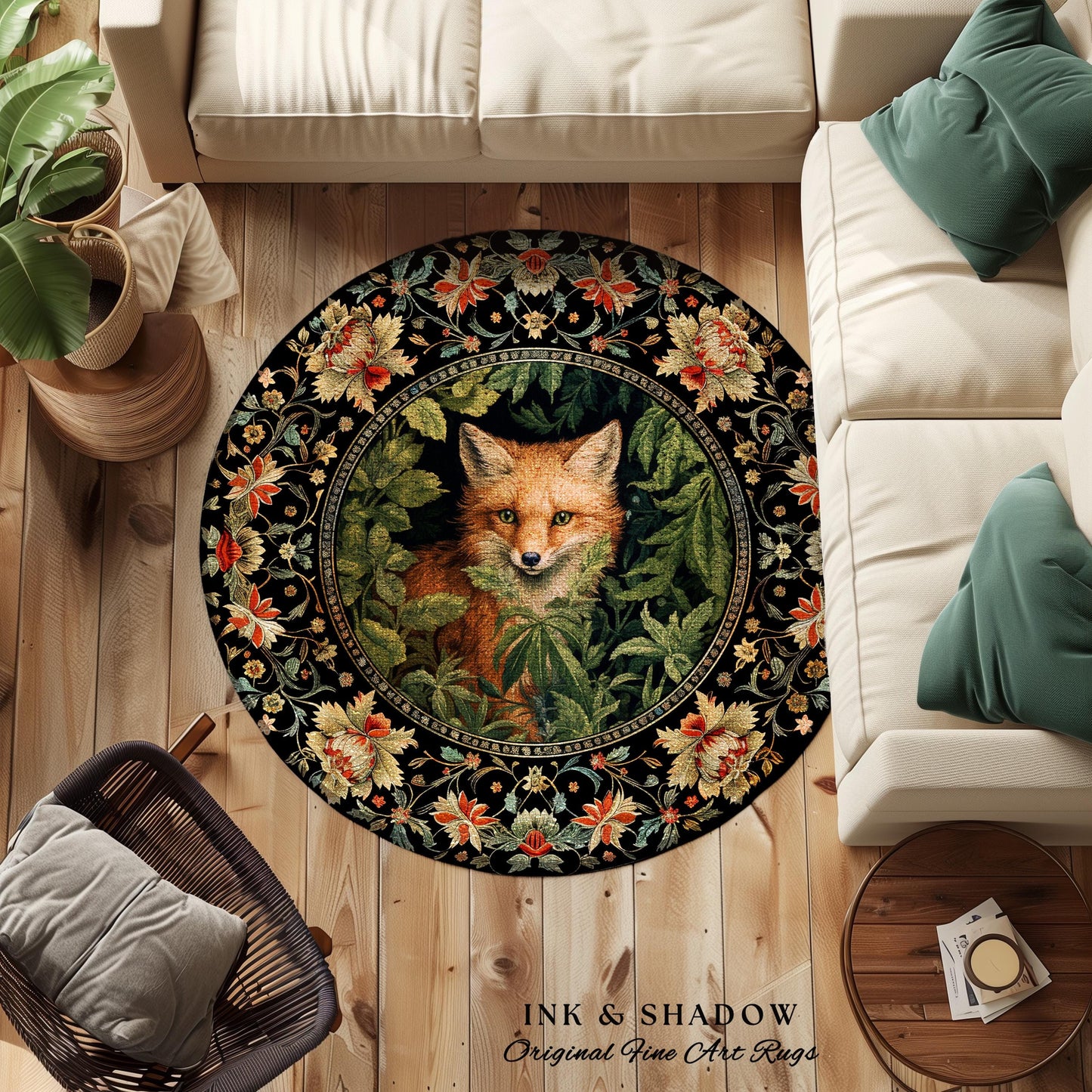 Dark Botanical Round Fox Rug Vintage Forest Aesthetic | Cottagecore Woodland Gothic Fox Art Decor Boho Fairycore Nature Lovers Floral Whimsy