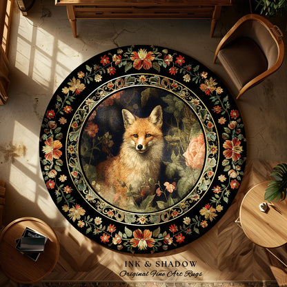 Floral Fairycore Whimsigoth Round Fox Botanical Rug Dark Forestcore Decor | Boho Botanical Whimsical Fox Woodland Cottagecore Animal Art Rug