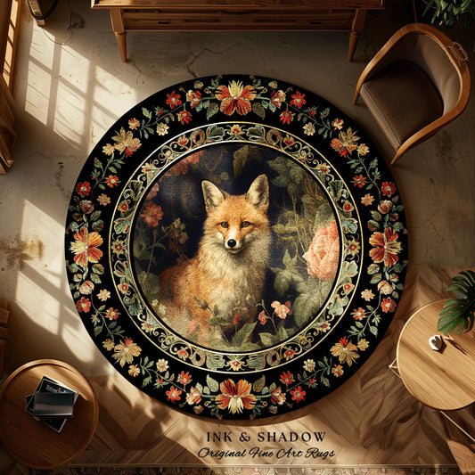 Floral Fairycore Whimsigoth Round Fox Botanical Rug Dark Forestcore Decor | Boho Botanical Whimsical Fox Woodland Cottagecore Animal Art Rug