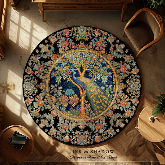 Ornate Medieval Inspired Cottagecore Round Peacock Accent Rug | Royalcore Floral Morris Inspired Forest Tree Woodland Gothic Fairycore Decor