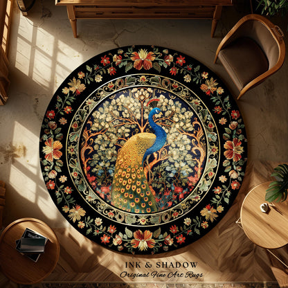 Baroque Floral Forestcore Ornate Round Peacock Rug | Medieval Gothic Woodland Morris Inspired Whimsical Witchy Cottagecore Ethereal Bird Art