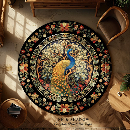 Baroque Floral Forestcore Ornate Round Peacock Rug | Medieval Gothic Woodland Morris Inspired Whimsical Witchy Cottagecore Ethereal Bird Art