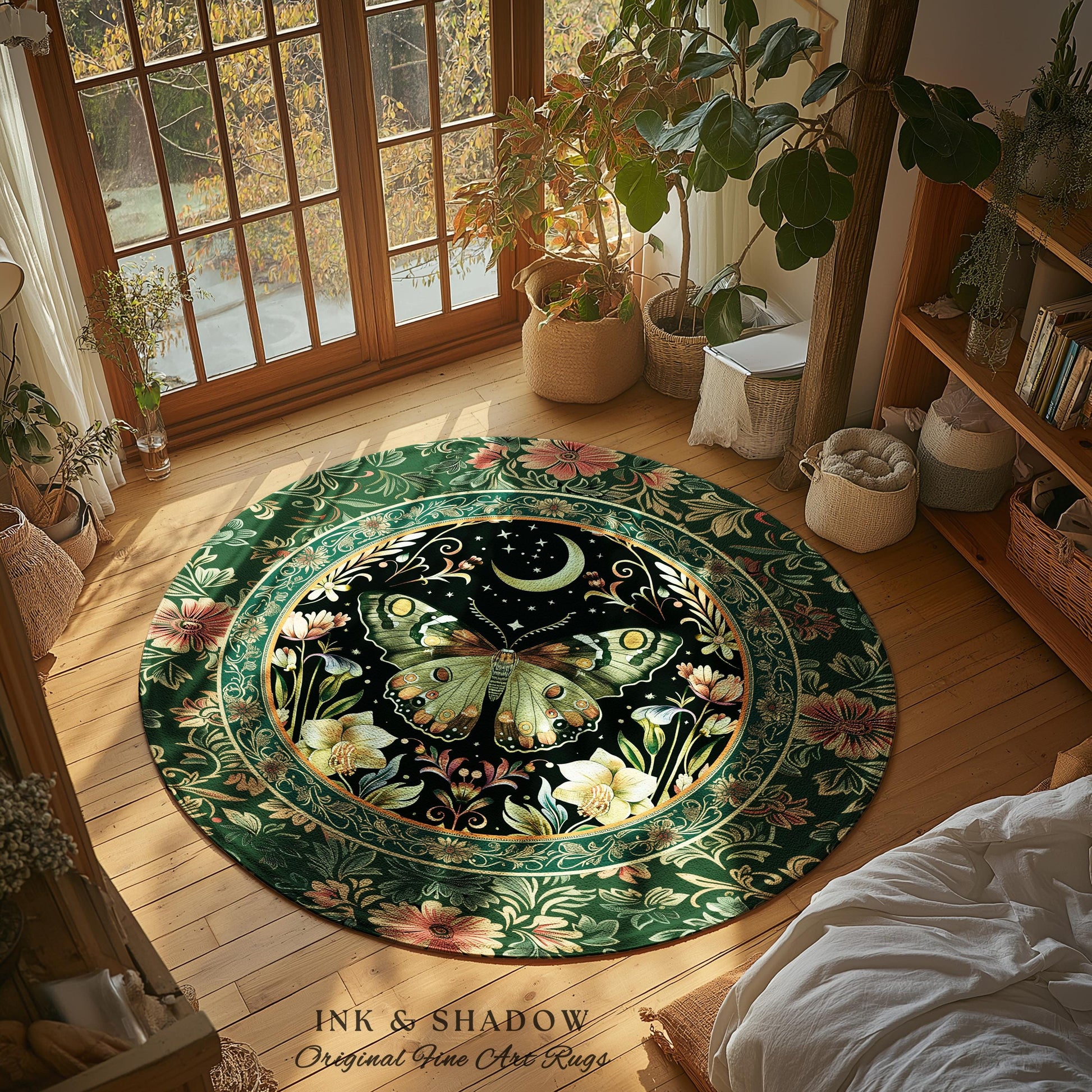 Boho Botanical Moth Rug Floral Grunge Fairycore Room Decor, Woodland Gothic Moon Butterfly Forest Green Forestcore Celestial Cottagecore Rug