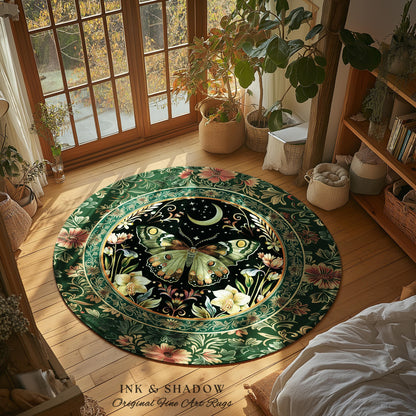 Boho Botanical Moth Rug Floral Grunge Fairycore Room Decor, Woodland Gothic Moon Butterfly Forest Green Forestcore Celestial Cottagecore Rug