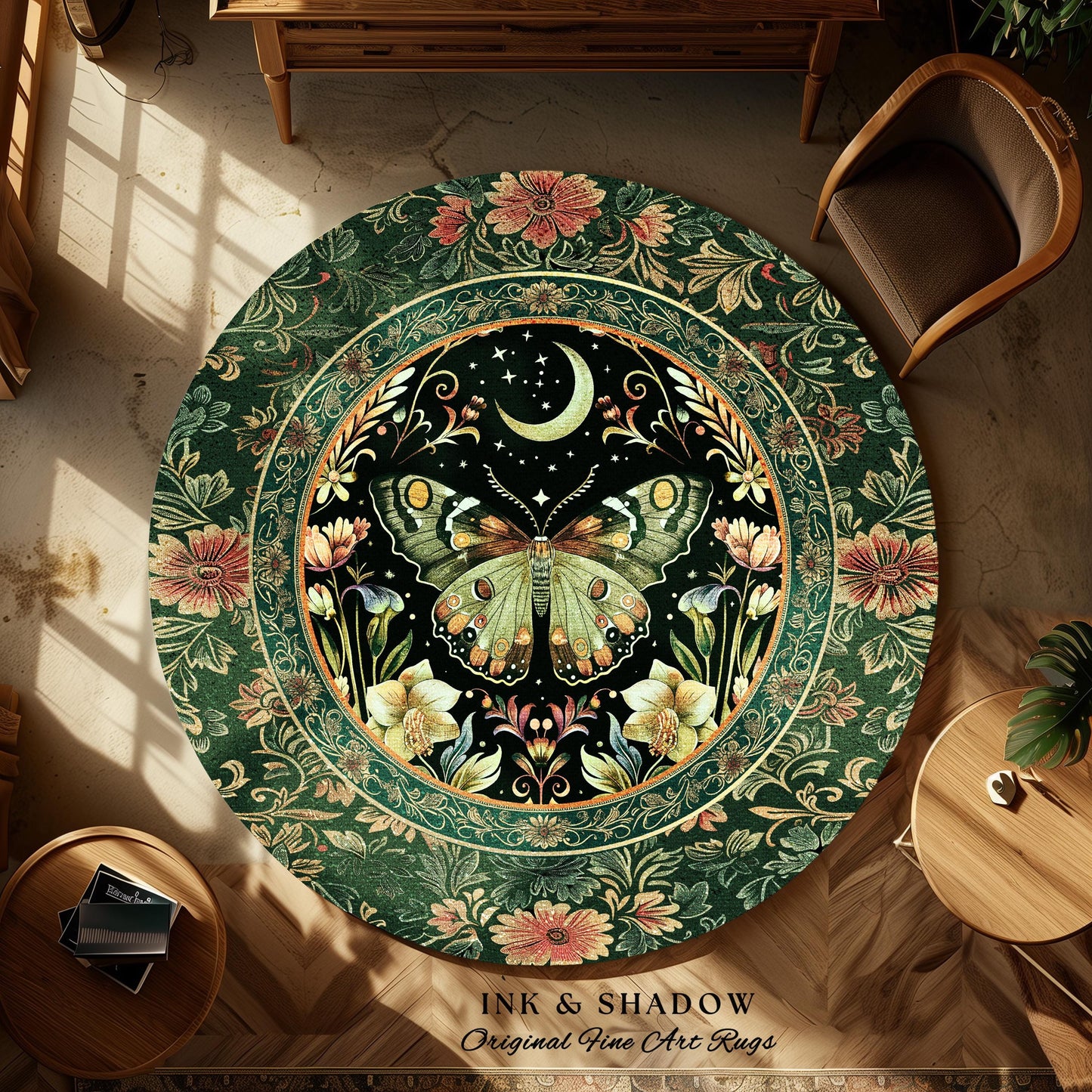 Boho Botanical Moth Rug Floral Grunge Fairycore Room Decor, Woodland Gothic Moon Butterfly Forest Green Forestcore Celestial Cottagecore Rug