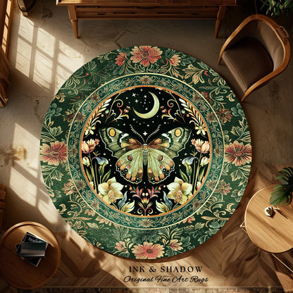 Boho Botanical Moth Rug Floral Grunge Fairycore Room Decor, Woodland Gothic Moon Butterfly Forest Green Forestcore Celestial Cottagecore Rug