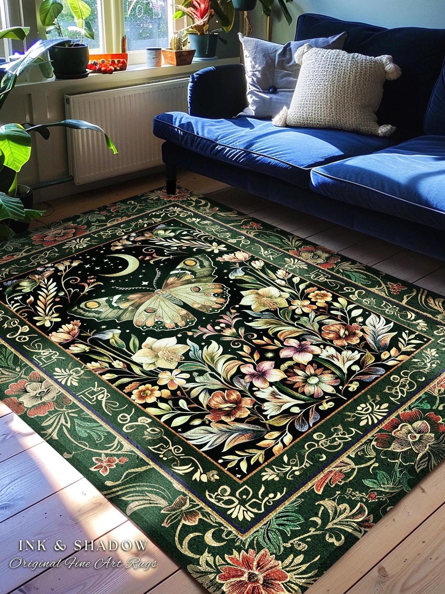 Boho Botanical Moth Rug Floral Grunge Fairycore Room Decor, Woodland Gothic Moon Butterfly Forest Green Forestcore Celestial Cottagecore Rug