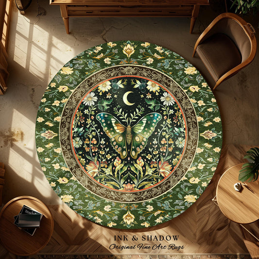 Woodland Gothic Botanical Moth Round Rug Witchy Dark Academia Accent Decor | Whimsical Green Cottagecore Butterfly Wildflower Fairycore Art