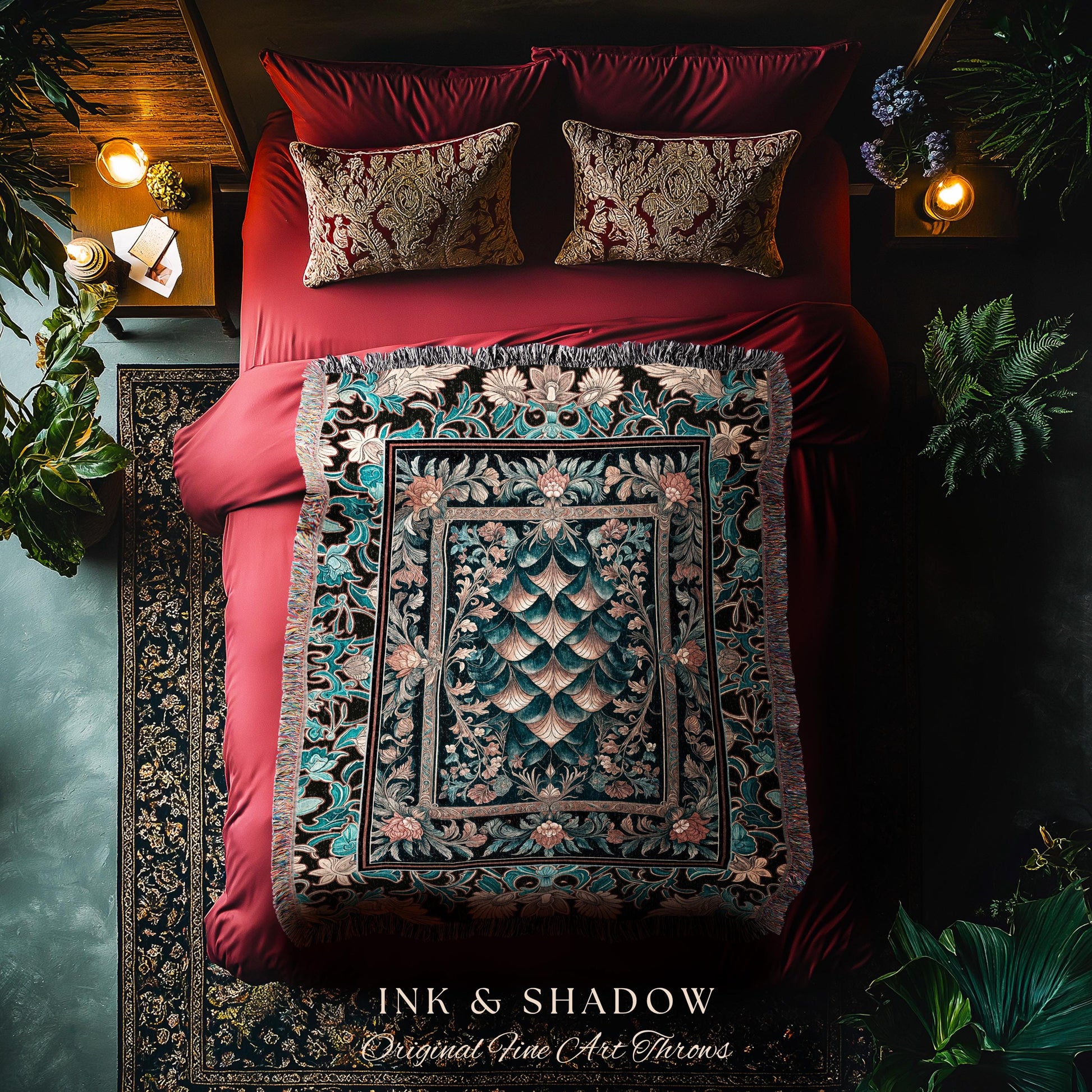 Art Deco Ornate Home Throw Blanket | Dark Academia Baroque Floral Woven Tapestry Maximalist Floral Eclectic Medieval Colorful Dragon Scales