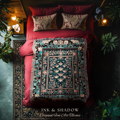 Art Deco Ornate Home Throw Blanket | Dark Academia Baroque Floral Woven Tapestry Maximalist Floral Eclectic Medieval Colorful Dragon Scales