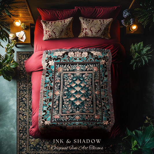 Art Deco Ornate Home Throw Blanket | Dark Academia Baroque Floral Woven Tapestry Maximalist Floral Eclectic Medieval Colorful Dragon Scales
