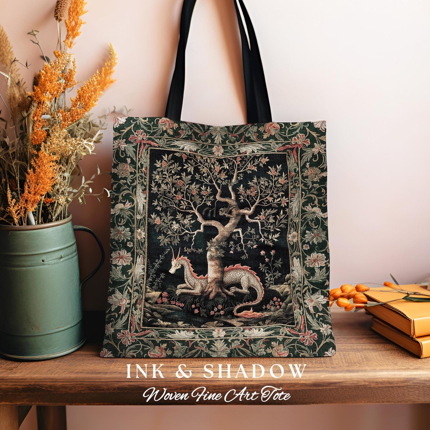 Maximalist Aesthetic Dragon Tote Fairytale Inspired Accessories, Medieval Cottagecore Style Botanical Tapestry Bag Whimsical Fairycore Art