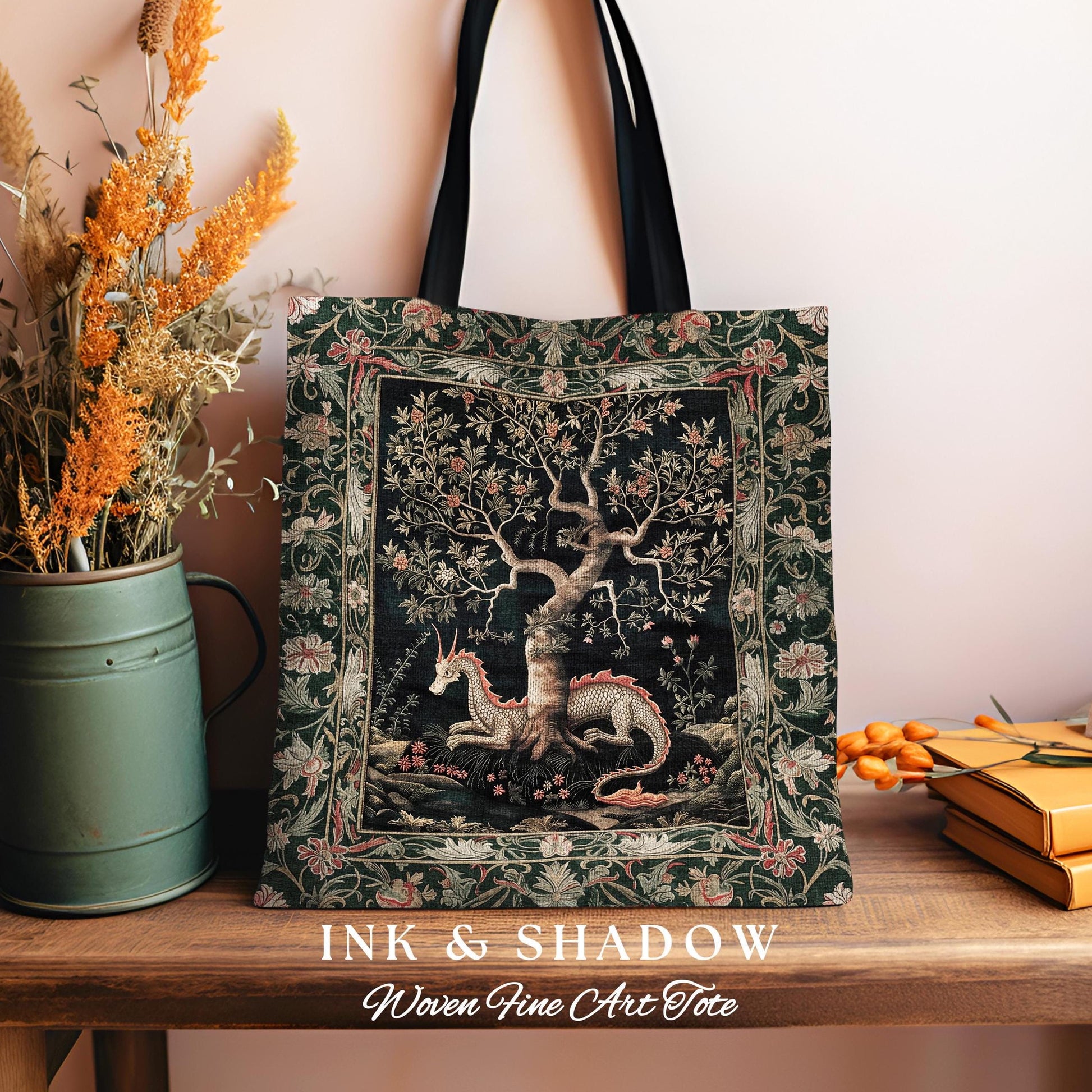 Maximalist Aesthetic Dragon Tote Fairytale Inspired Accessories, Medieval Cottagecore Style Botanical Tapestry Bag Whimsical Fairycore Art