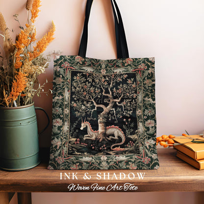 Maximalist Aesthetic Dragon Tote Fairytale Inspired Accessories, Medieval Cottagecore Style Botanical Tapestry Bag Whimsical Fairycore Art