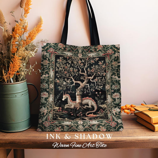 Maximalist Aesthetic Dragon Tote Fairytale Inspired Accessories, Medieval Cottagecore Style Botanical Tapestry Bag Whimsical Fairycore Art