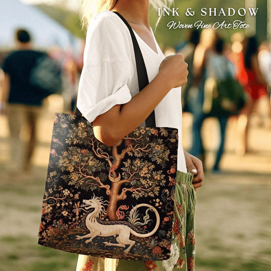 Woodland Dragon Mystical Tote | Gift for Dragon Lover Dark Cottagecore Satchel Fairy Core Bookbag Pastel Fairycore Tote Medieval Fantasy Bag