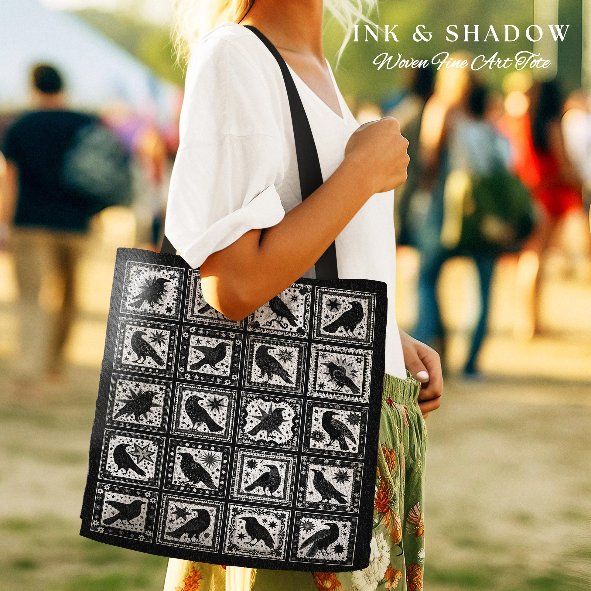 Retro Gothic Crow Tapestry Bag | Witchy Cottagecore Woven Tote Raven Halloween Lover Crowcore Gothic Accessory Spooky Aesthetic Everyday Bag