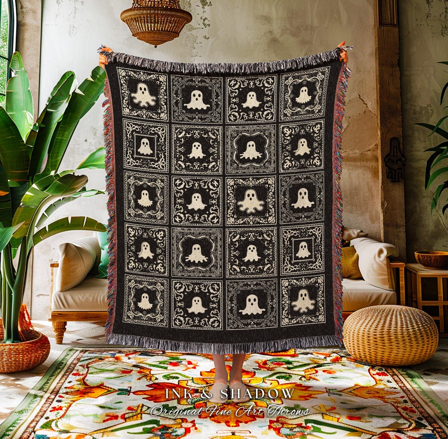 Witchy Throw Blanket Ghost Lover Cute | Whimsigoth Home Decor Fall Vibes Cozy Home Accent Dark Academia Aesthetic Tapestry Ghost Lover Gift