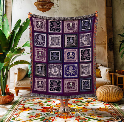 Sea Life Oceancore Octopus Tapestry | Mermaidcore Beachy Bohemian Costal Woven Blanket Whimsical Folklore Underwater Ocean Aesthetic Purple