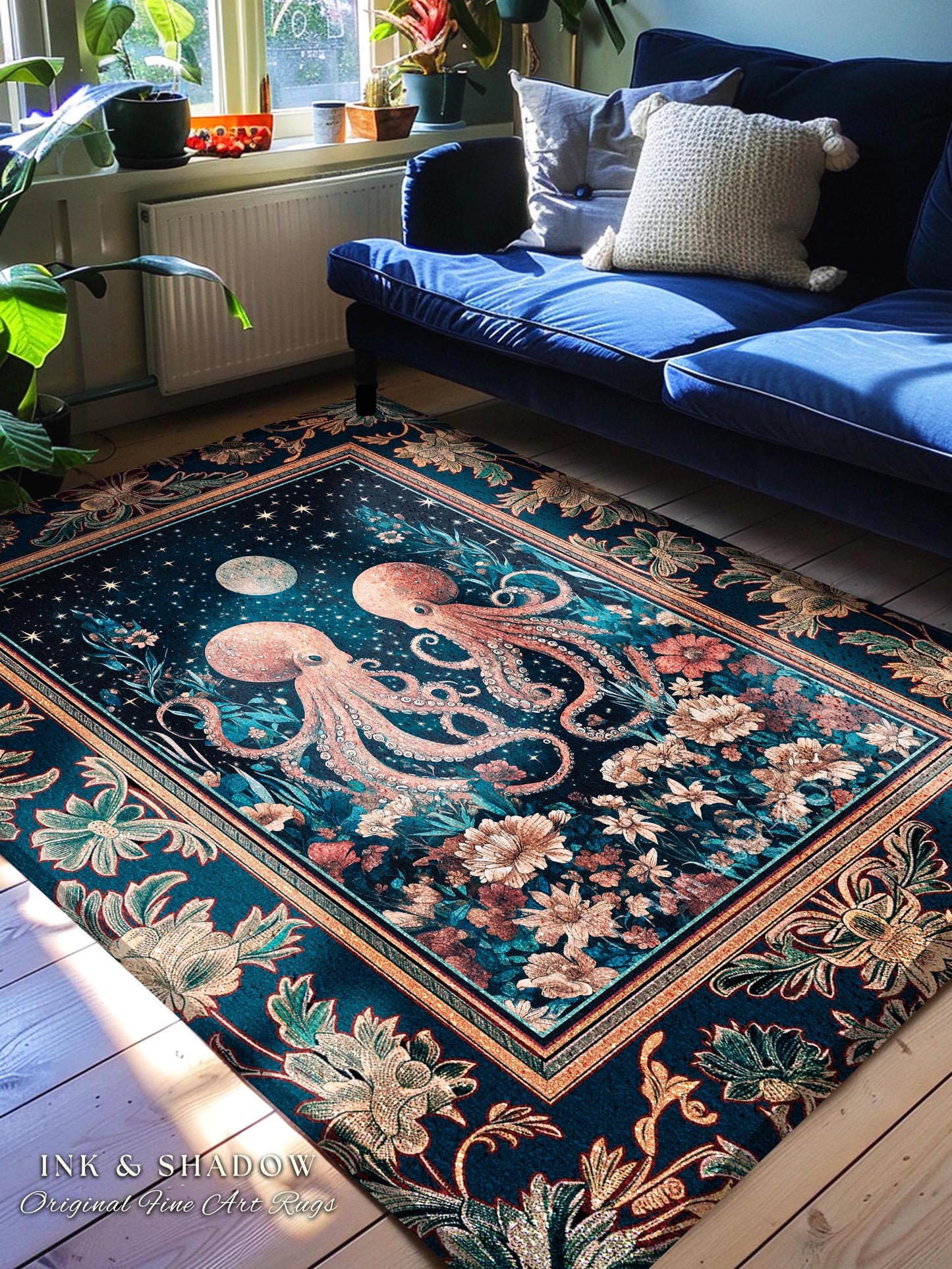 Ethereal Oddities Octopus Area Rug | Moonlit Nautical Woven Blanket Celestial Sea Life Cute Ocean Aesthetic Beach House Rug Whimsigothic |