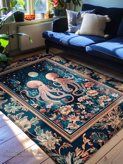 Ethereal Oddities Octopus Area Rug | Moonlit Nautical Woven Blanket Celestial Sea Life Cute Ocean Aesthetic Beach House Rug Whimsigothic |