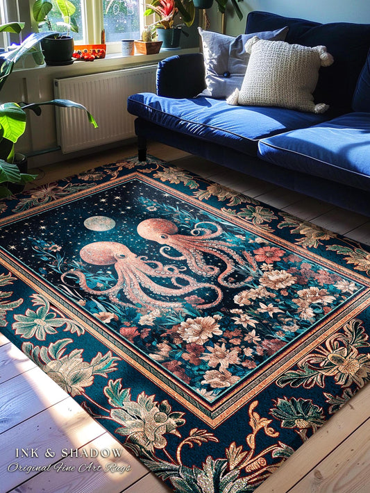 Ethereal Oddities Octopus Area Rug | Moonlit Nautical Woven Blanket Celestial Sea Life Cute Ocean Aesthetic Beach House Rug Whimsigothic |