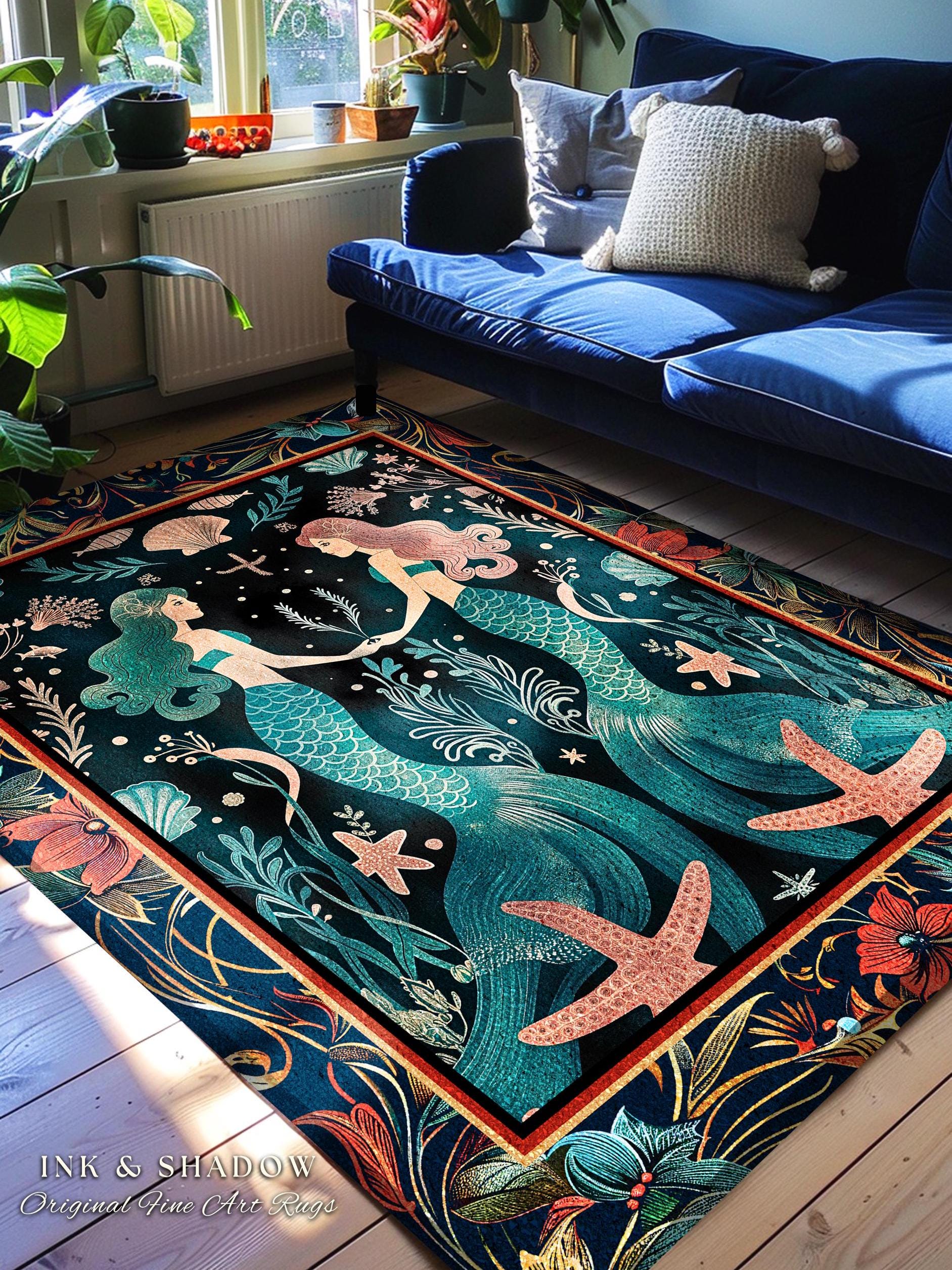 Ethereal Art Nouveau Sea Nymph Rug Whimsical Dark Academia Coastal Decor | Mystical Mermaid Cottagecore Enchanted Ocean Vintage Folklore Rug