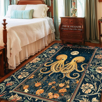 Nautical Storybook Octopus Accent Rug | Whimsigothic Moonlit Sea Life Nursery Area Rug Ethereal Oceanic Aesthetic Underwater Eclectic Unique