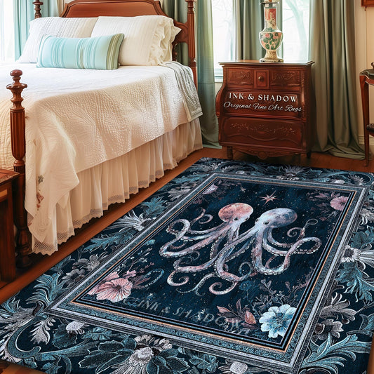 Ocean Blue Octopus Area Rug | Rustic Nautical Sea Life Home Accent Rug Floral Victorian Gothic Aesthetic Costal Crustaceancore Art Whimsical