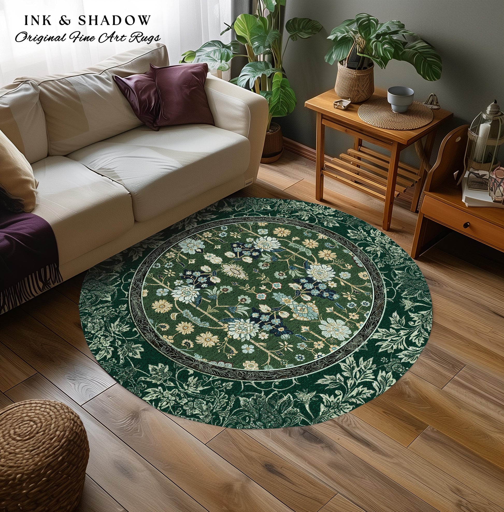 Muted Green Boho Round Area Rug | Rustic Aesthetic Living Room Pastel Green Home Decor Housewarming Gift Cottagecore Green Bedroom Floor Mat