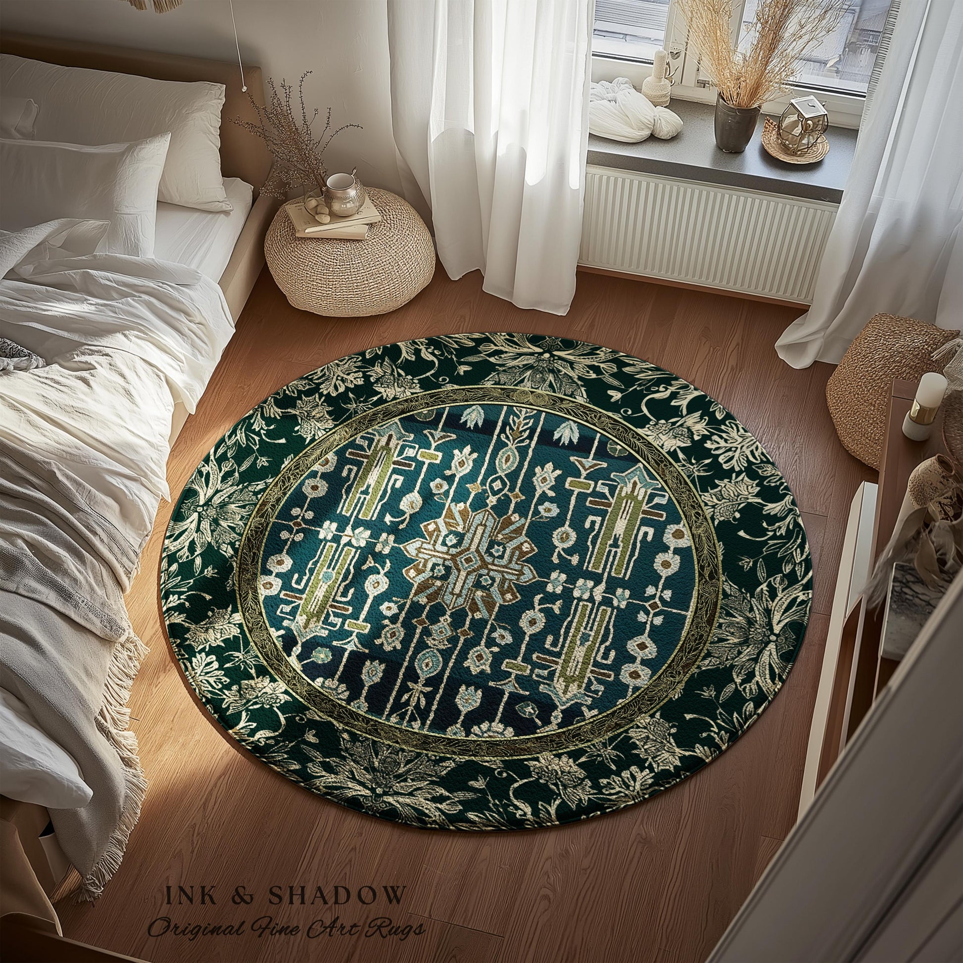 Sage Green Boho Round Area Rug | Aestheetic Living Room Pastel Blue Home Decor Rustic Housewarming Gift Cottagecore Forest Green Bedroom Mat