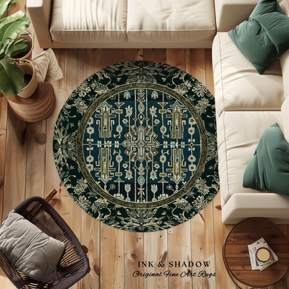 Sage Green Boho Round Area Rug | Aestheetic Living Room Pastel Blue Home Decor Rustic Housewarming Gift Cottagecore Forest Green Bedroom Mat
