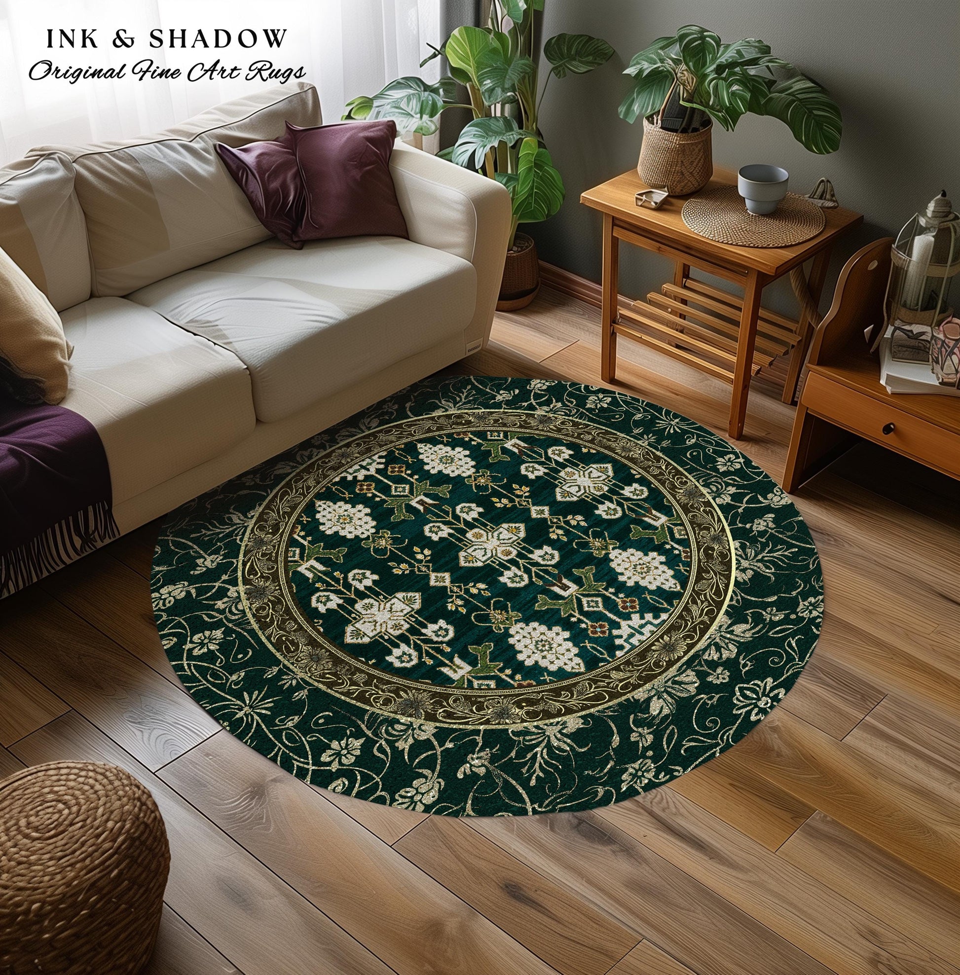 Forest Green Round Area Rug Boho Decor Rustic Aesthetic Living Room Sage Green Home Decor | Housewarming Gift Cottagecore Green Bedroom Mat