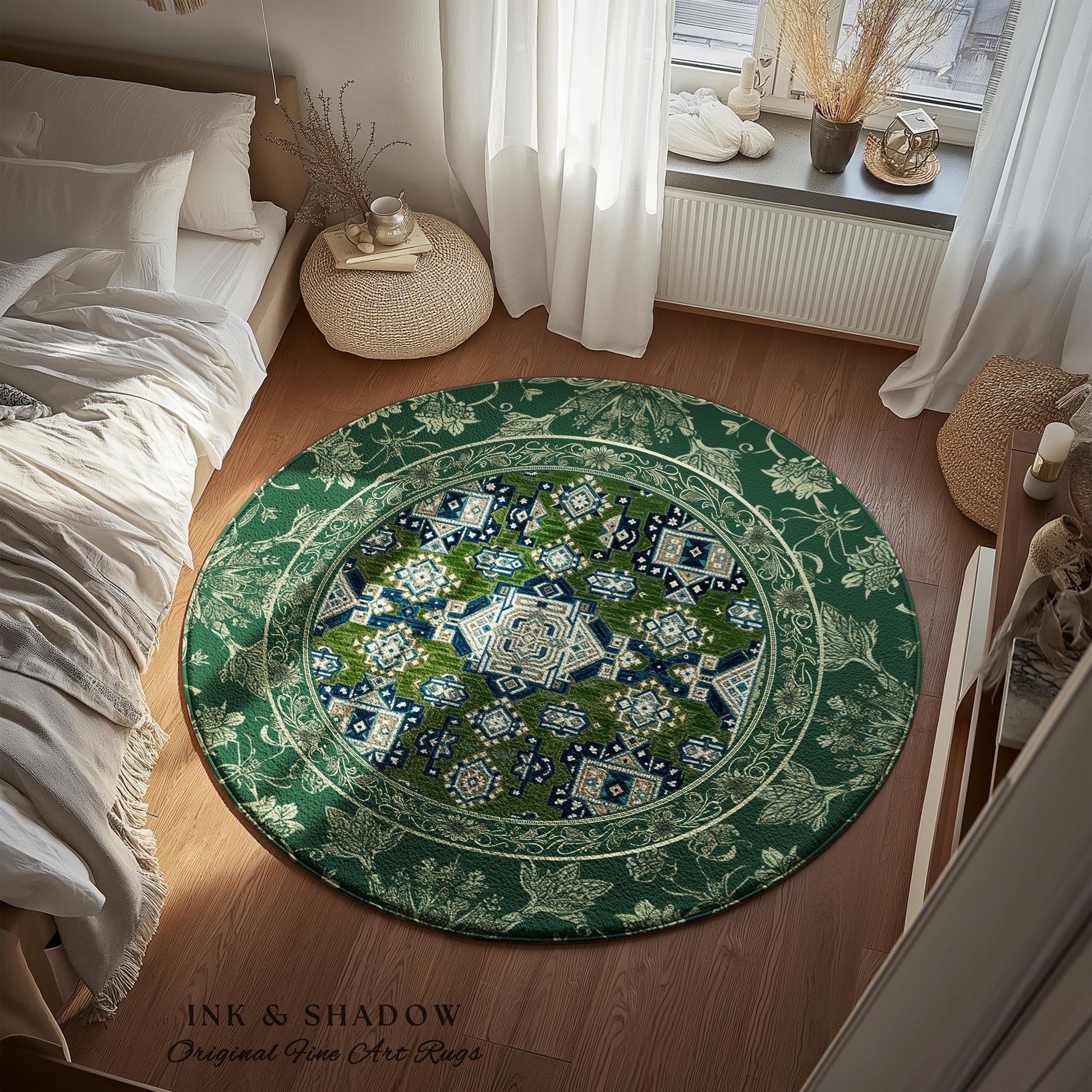 Blue Green Elegant Home Decor Round Rug | Rustic Aesthetic Living Room Pastel Green Home Decor Housewarming Gift Cottagecore Green Bedroom