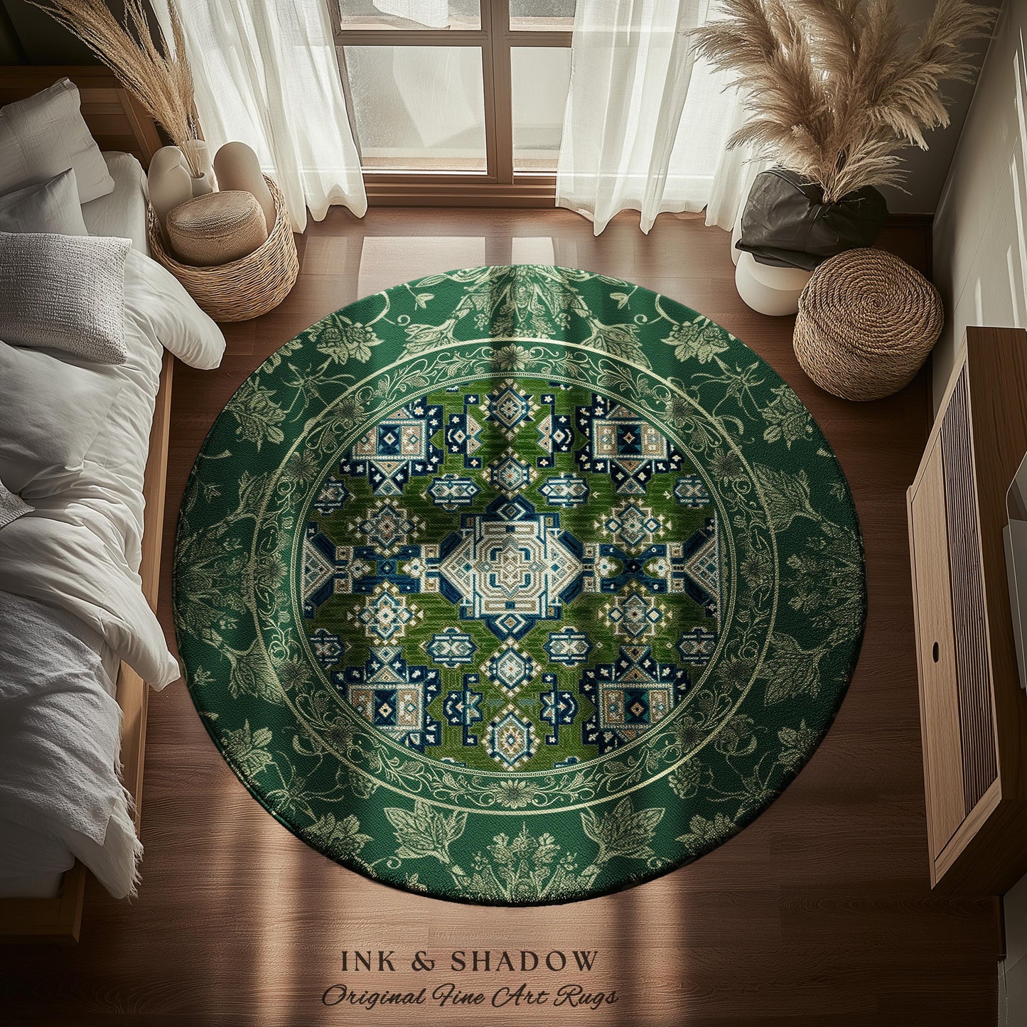 Blue Green Elegant Home Decor Round Rug | Rustic Aesthetic Living Room Pastel Green Home Decor Housewarming Gift Cottagecore Green Bedroom