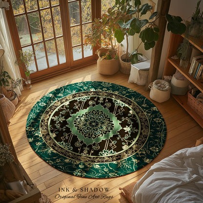 Dark Academia Emerald Statement Rug | Reading Nook Cozy Floor Rug Ornate Rug with Blue Green Detail Cottagecore Victorian Gothic Aesthetic