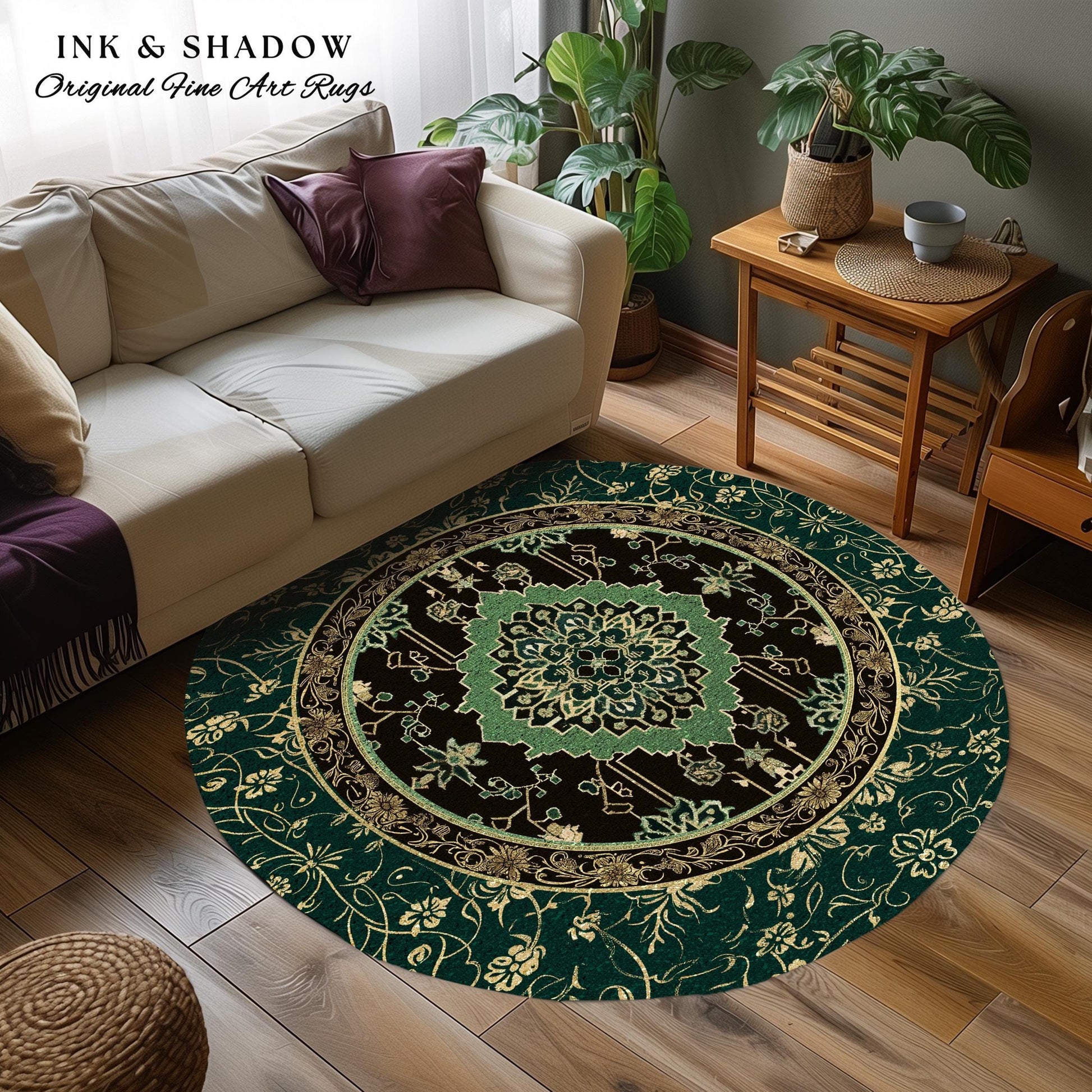 Dark Academia Emerald Round Statement Rug | Reading Nook Cozy Floor Rug Ornate Rug with Blue Green Detail Cottagecore Victorian Gothic Decor