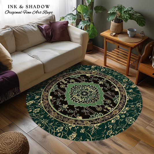 Dark Academia Emerald Round Statement Rug | Reading Nook Cozy Floor Rug Ornate Rug with Blue Green Detail Cottagecore Victorian Gothic Decor