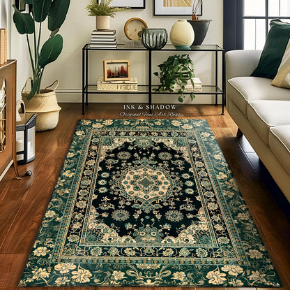 Victorian Gothic Bedroom Rug | Reading Nook Cozy Floor Rug Ornate Statement Rug with Blue Green Detail Cottagecore Dark Academia Aesthetic