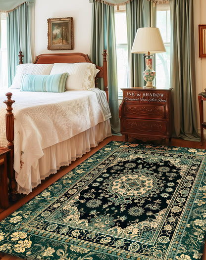 Victorian Gothic Bedroom Round Rug | Reading Nook Cozy Floor Rug Ornate Statement with Blue Green Detail Cottagecore Dark Academia Aesthetic