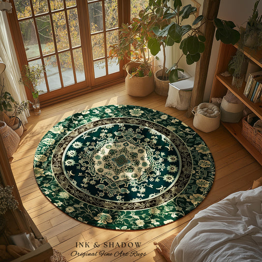 Victorian Gothic Bedroom Round Rug | Reading Nook Cozy Floor Rug Ornate Statement with Blue Green Detail Cottagecore Dark Academia Aesthetic