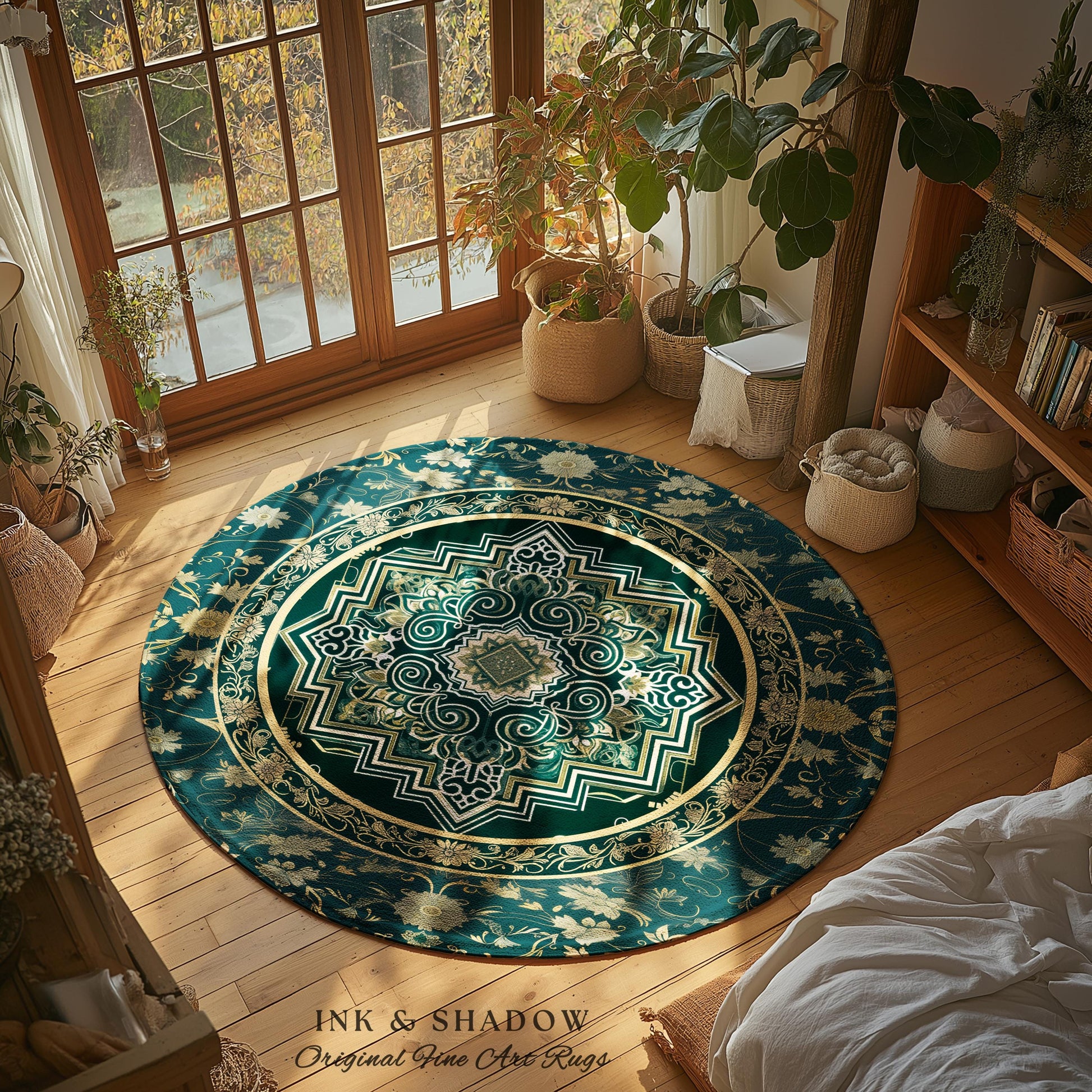 Gothic Maximalist Round Accent Rug | Forest Green Floor Rug Ornate Rug With Blue Green Detail Cottagecore Victorian Gothic Aesthetic Teal |