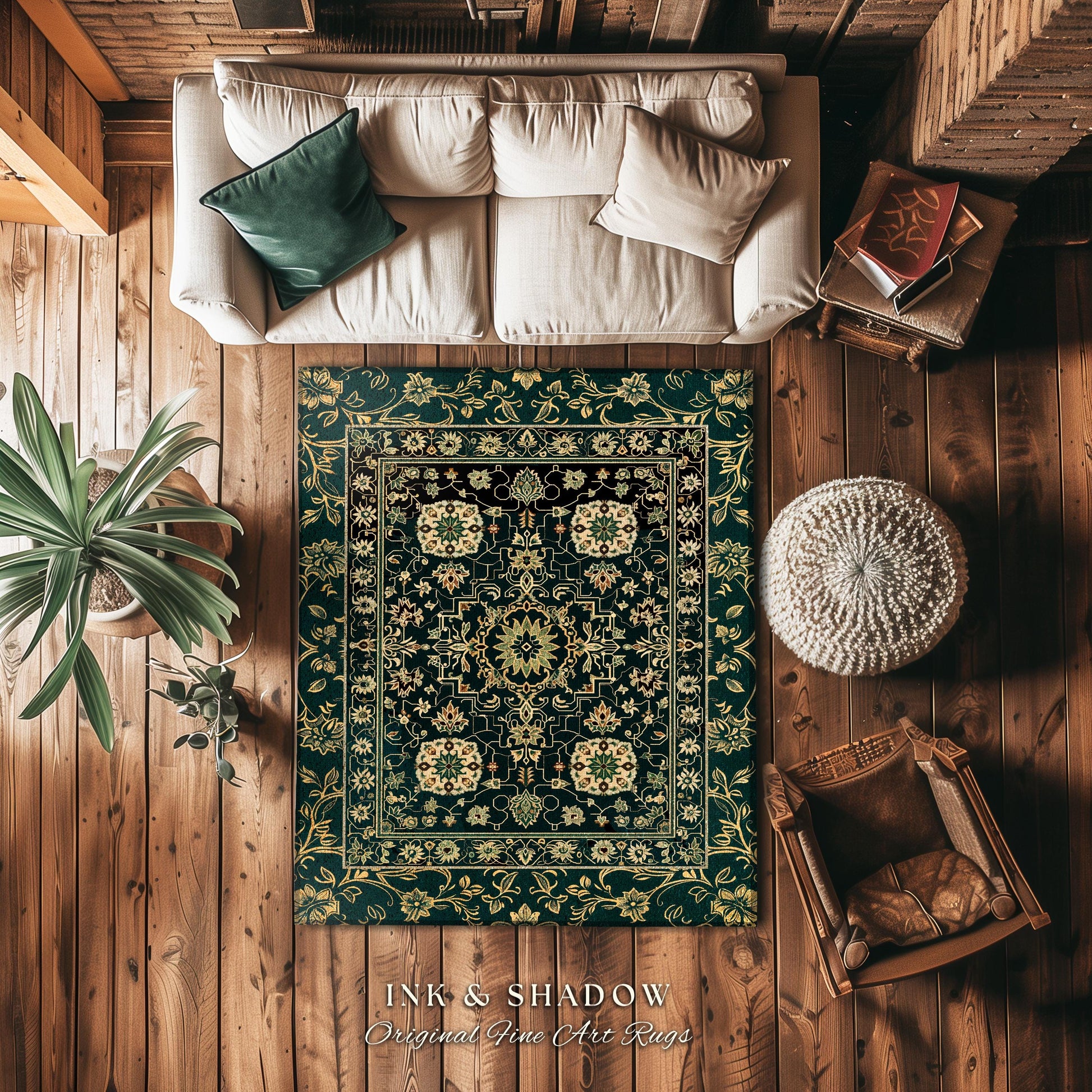 Dark Academia Art Deco Area Rug | Ornate Design Deep Emerald Green Floor Rug Baroque Victorian Gothic Dark Mystic Maximalist Bedroom Decor |