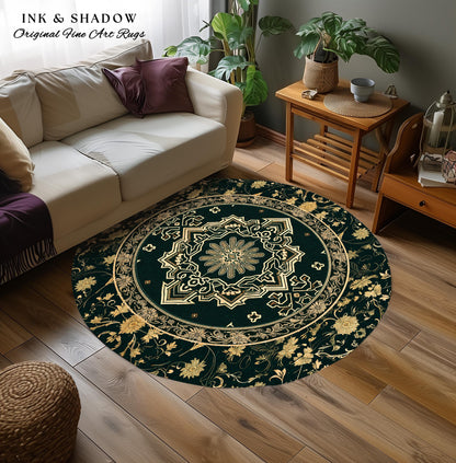 Eccentric Geometric Art Deco Rug | Rustic Gold Accent Design Bohemian Carpet Midnight Emerald Ornate Traditional Living Room Baroque Style |